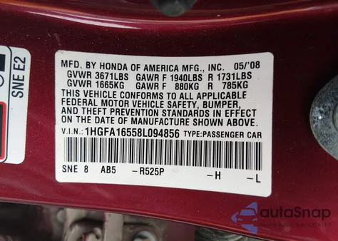 2008 Honda Civic Lx из США, поврежденный, VIN 1HGFA16558L094856